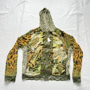 y2k mesh jacket hooded sweater Large floral paisley leopard sheer multicolor
